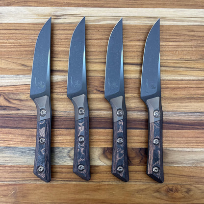 Microtech Signature Series Culinary 4pc DLC Steak Knife Set w/ Bronze Titanium Bolster & Livewire Carbon Fiber Handle