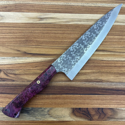 Running Man Forge Semi-Custom 210mm (8.25") Chef's Knife w/ Laser Engraving & Magenta Maple Handle