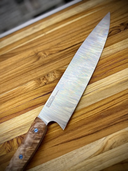 Meglio 10" Semi-custom Satin Magnacut Western Chef's Knife with Maple Burl Handles