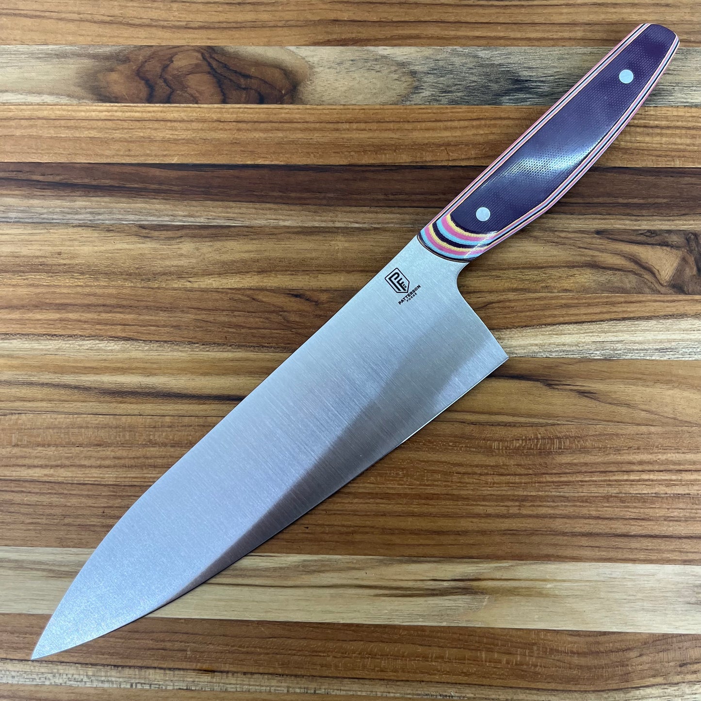 Patterson Forge Semi-Custom 200mm (8") Chef's Knife w/ Purple Multi-Colored G10 Handle