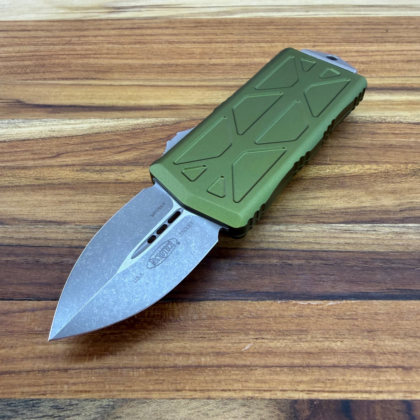 Microtech Exocet D/E 2" OTF w/ OD Green Aluminum Handle & Money Clip