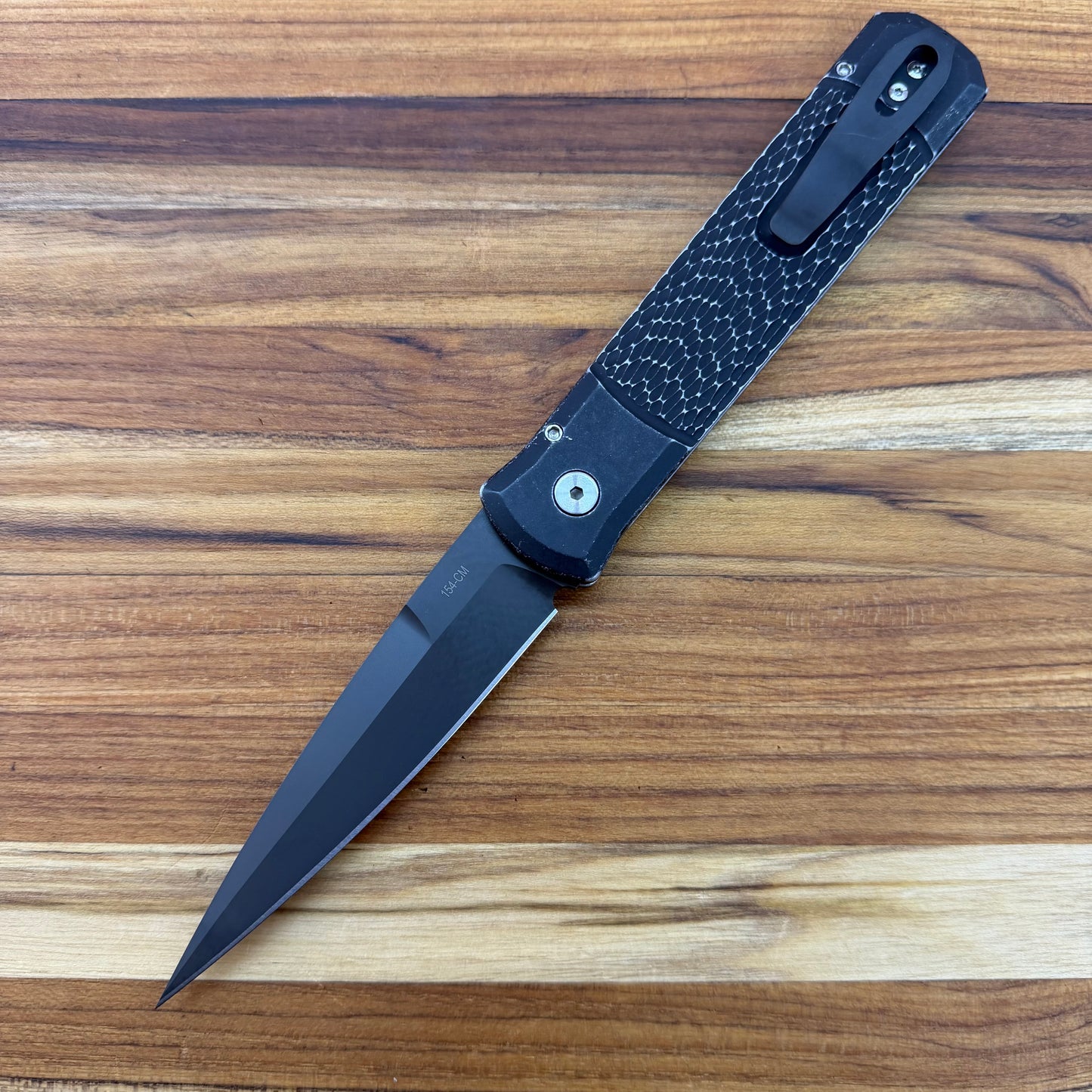 Pro-Tech Godfather 4" Left-Handed Auto w/ Black Battleworn Jigged Handle