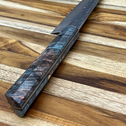 Running Man Forge Custom 150mm (6") Thin Forged Petty w/ Blue Maple Burl Handle & Rose Gold Mosaic Inlay