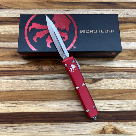 Microtech Ultratech D/E 3.35" Satin F/S OTF Auto w/ Red Aluminum Handle