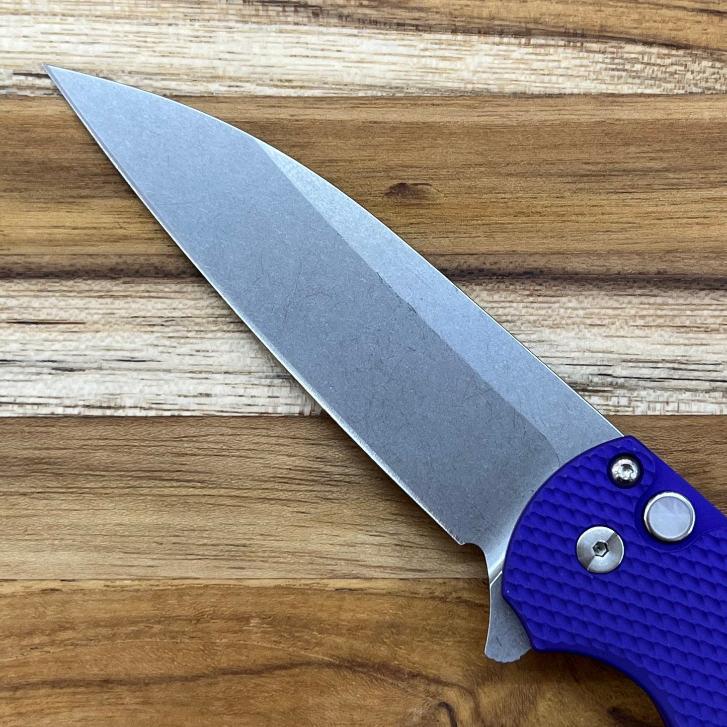 Pro-Tech Malibu Custom 2024 Blade Texas 3.25" Stonewash Flipping Knife w/ Mother of Pearl Button & Textured Purple Aluminum Handle