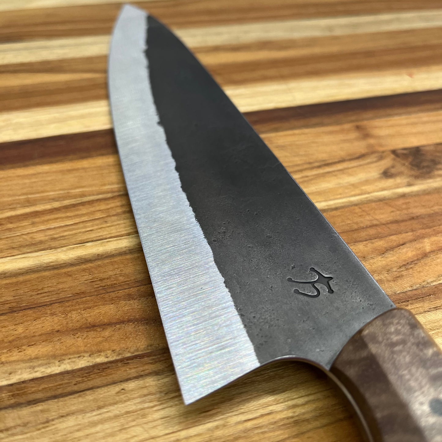 Running Man Forge Custom 215mm (8.5") Thin Forged Gyuto w/ Brown Curly Walnut Handle