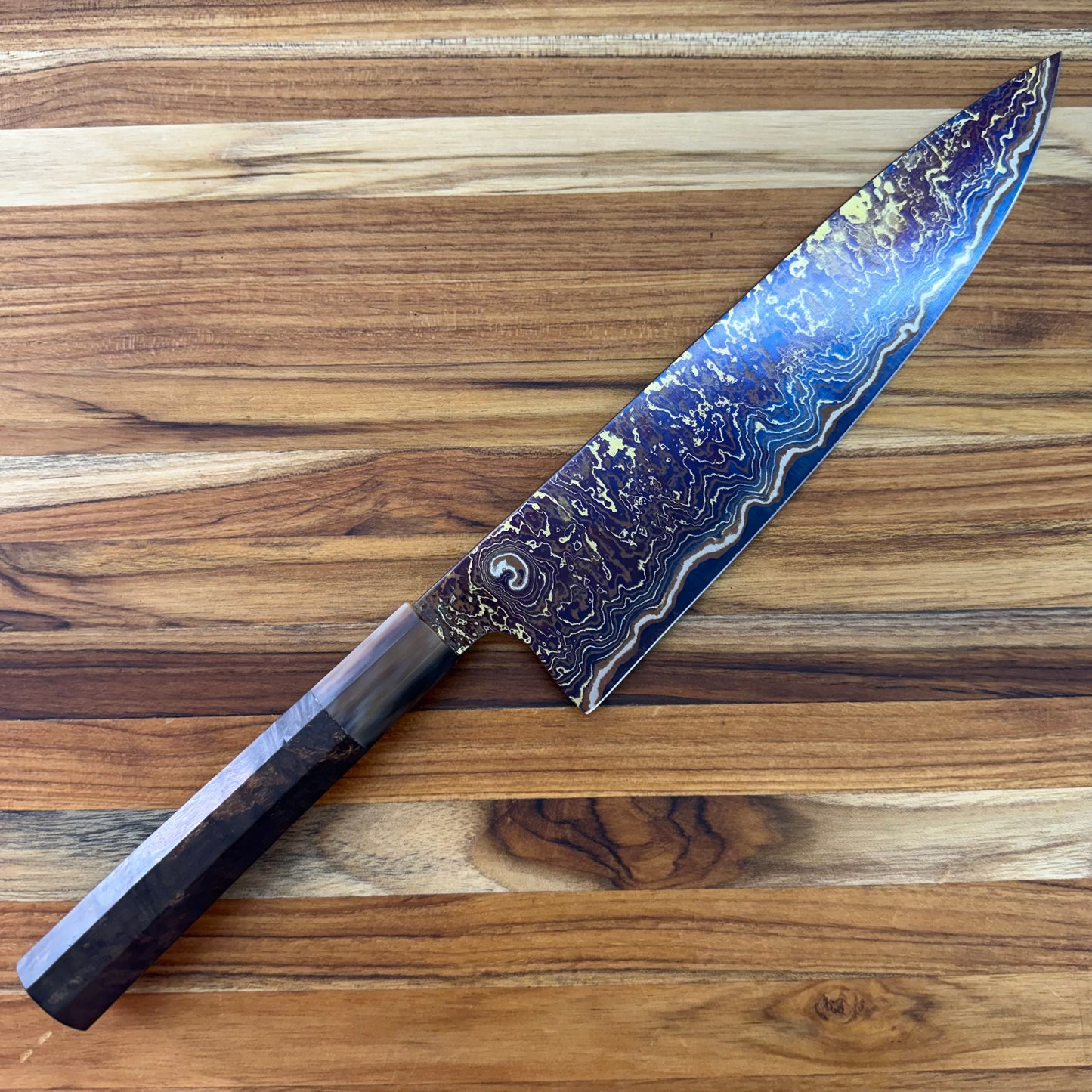 Tung Dao Custom 240mm (9.5")  Gyuto w/ Gold & Red Coppermai Damascus & Kháo Burl Wa Handle