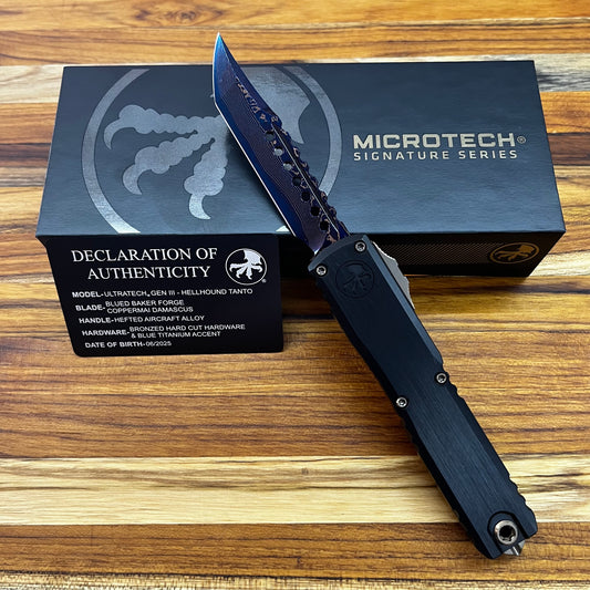 Microtech Ultratech Gen III Hellhound 4" OTF Marfione Select Blued Baker Forge Coppermai Damascus w/ Blue Titanium Accent