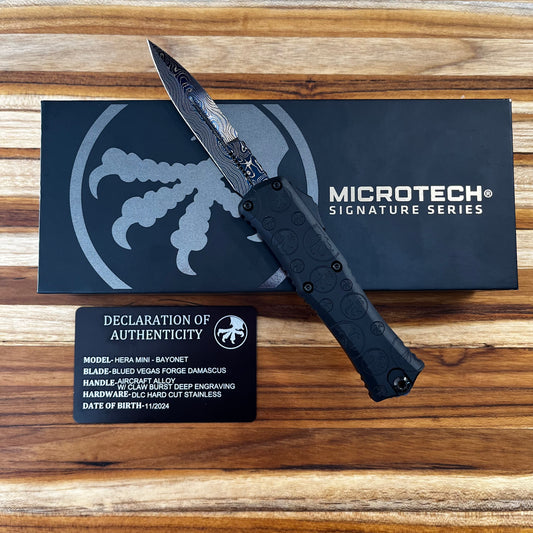 Microtech Signature Series Mini Hera II 3" OTF w/ Blued Vegas Forge Damascus Blade