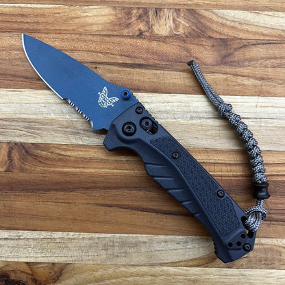 Benchmade Mini Adira 3.25” Serrated Folding Knife w/ Tempest Gray Grivory Handle