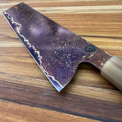Tung Dao Custom 216mm (8.5") Nakiri w/ Gold & Red Coppermai Damascus & Kháo Burl Wa Handle