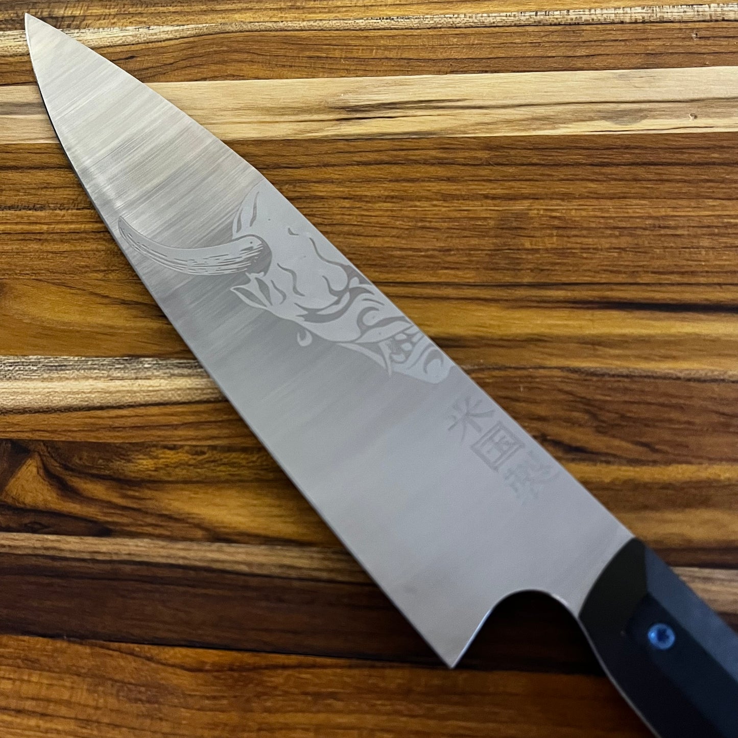 Meglio Production 10" Satin Western Chef's Knife w/ Lasered Oni Yokai