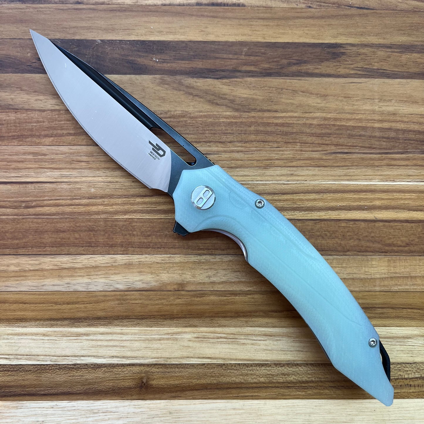 Bestech Knives Ornetta 3.5" Flipper Knife w/ Milled Jaded handle