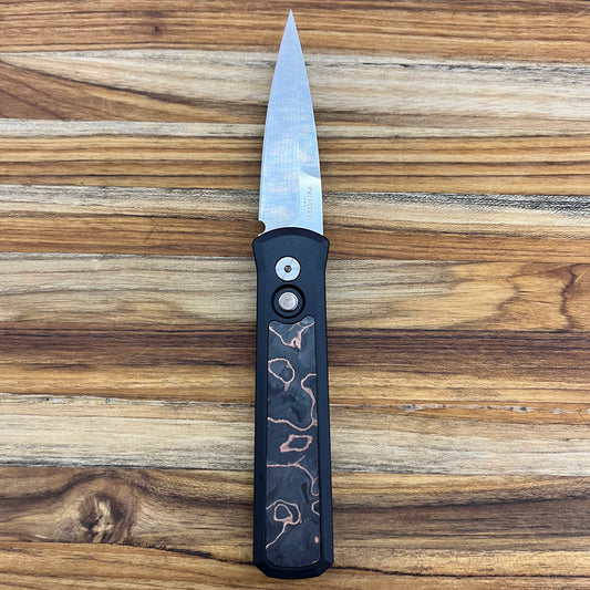 Pro-Tech Godson 3.15" Auto w/ Livewire Copper Carbon Fiber Inlay on Black Aluminum & Black Lip Pearl Button