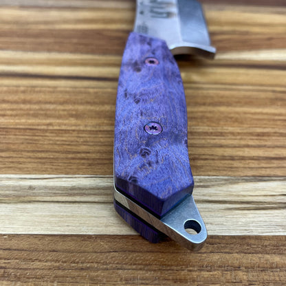 Meglio Blade Show Semi-Custom H-Series 4" Outdoor Kitchen Knife w/ Lasered Pulp Fiction & Purple Bird's Eye Maple Handle