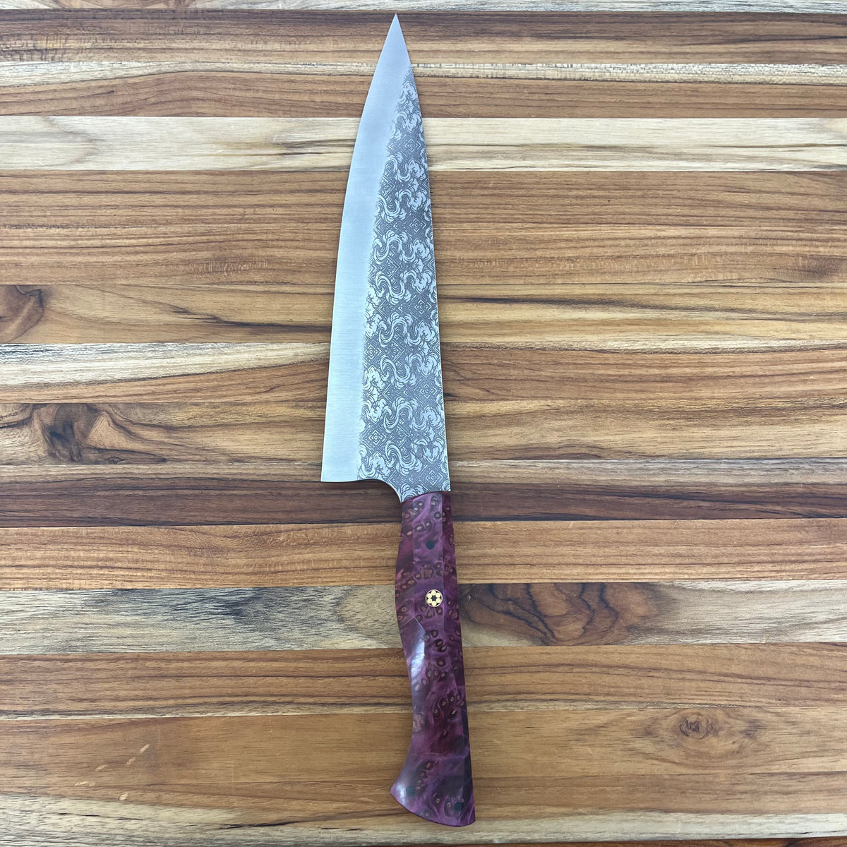 Running Man Forge Semi-Custom 210mm (8.25") Chef's Knife w/ Laser Engraving & Magenta Maple Handle