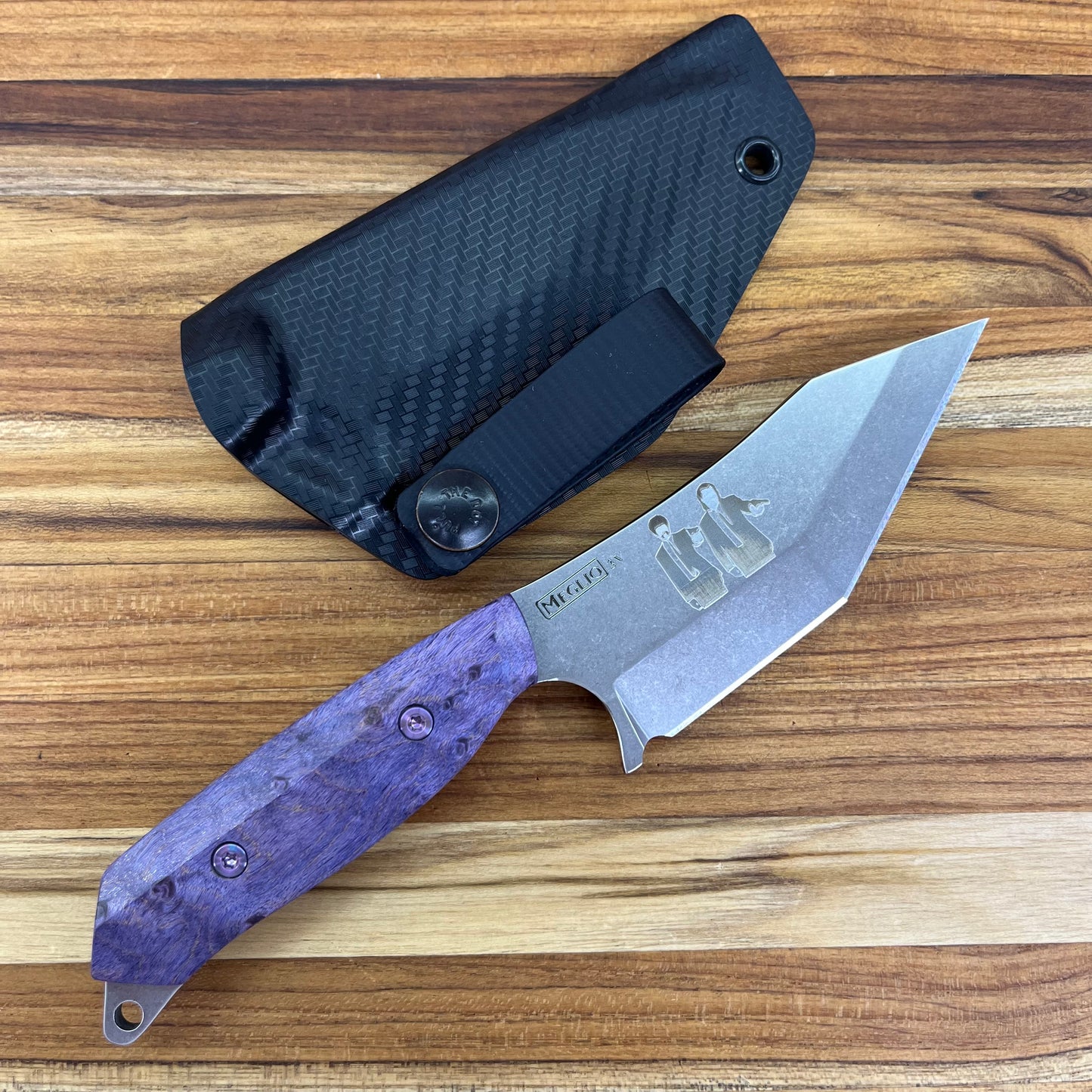Meglio Blade Show Semi-Custom H-Series 4" Outdoor Kitchen Knife w/ Lasered Pulp Fiction & Purple Bird's Eye Maple Handle