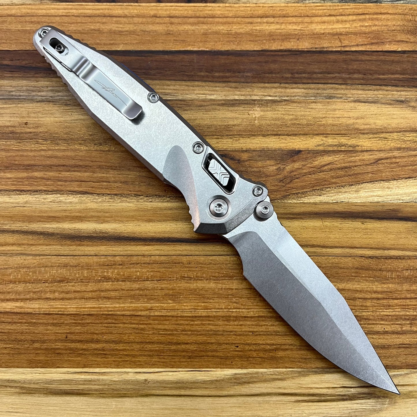 Microtech Marfione Select Socom Ram-Lok Spear Point 4" Folding Knife w/ Stonewashed Titanium & Blue Accented Handle