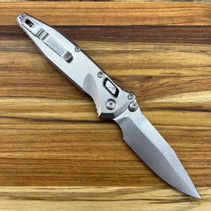 Microtech Marfione Select Socom Ram-Lok Spear Point 4" Folding Knife w/ Stonewashed Titanium & Blue Accented Handle