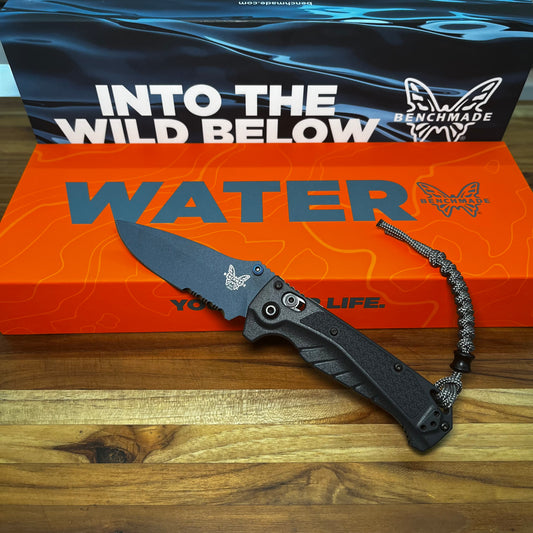 Benchmade Mini Adira 3.25” Serrated Folding Knife w/ Tempest Gray Grivory Handle