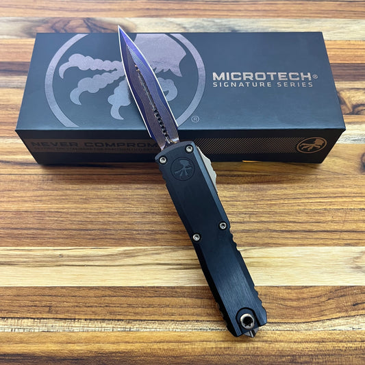 Microtech UTX-85 Gen III D/E 3" OTF Marfione Select Blued Baker Forge Coppermai Damascus w/ Purple Titanium Accent