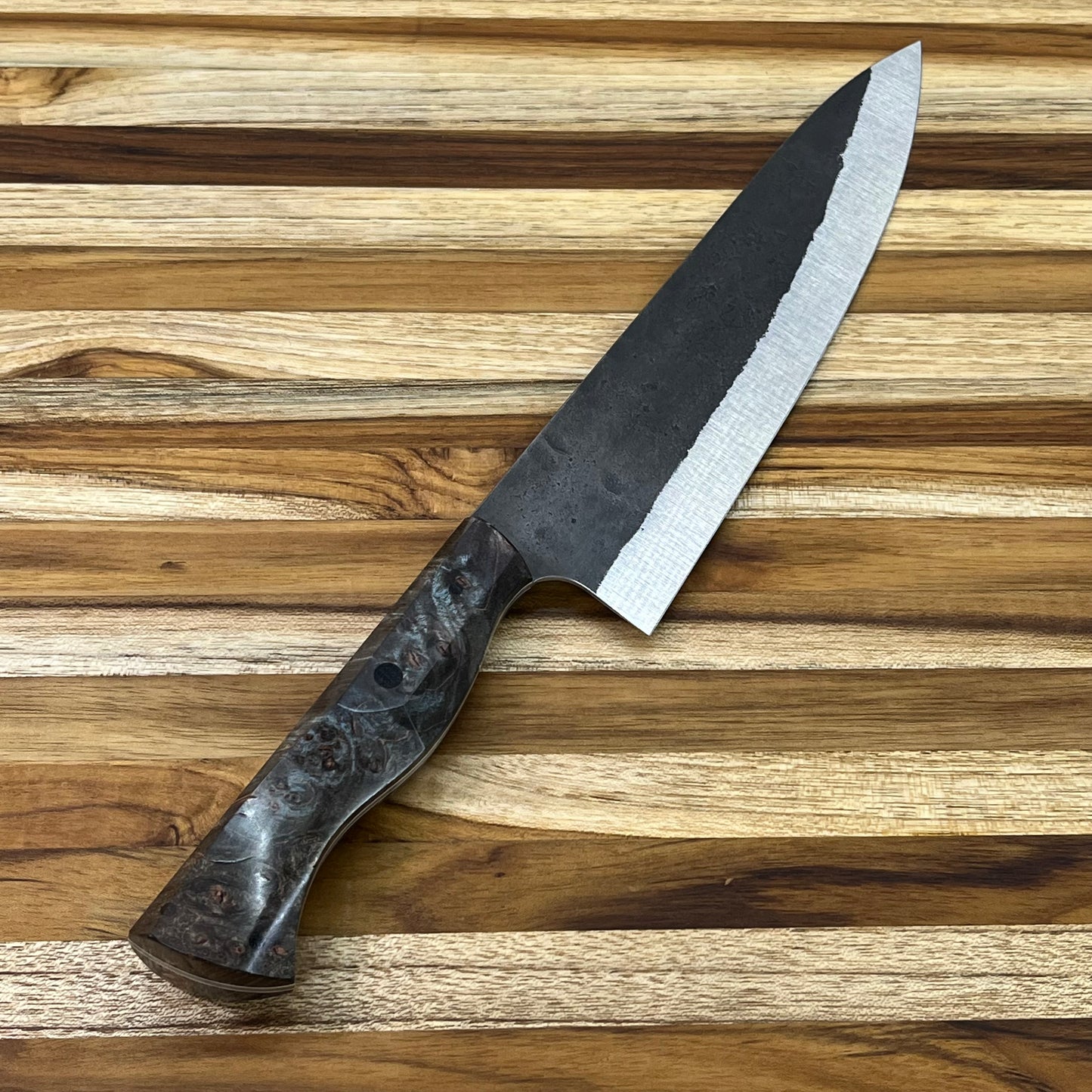 Running Man Forge Custom 215mm (8.5") Thin Forged Gyuto w/ Grey & Blue Maple Burl Handle