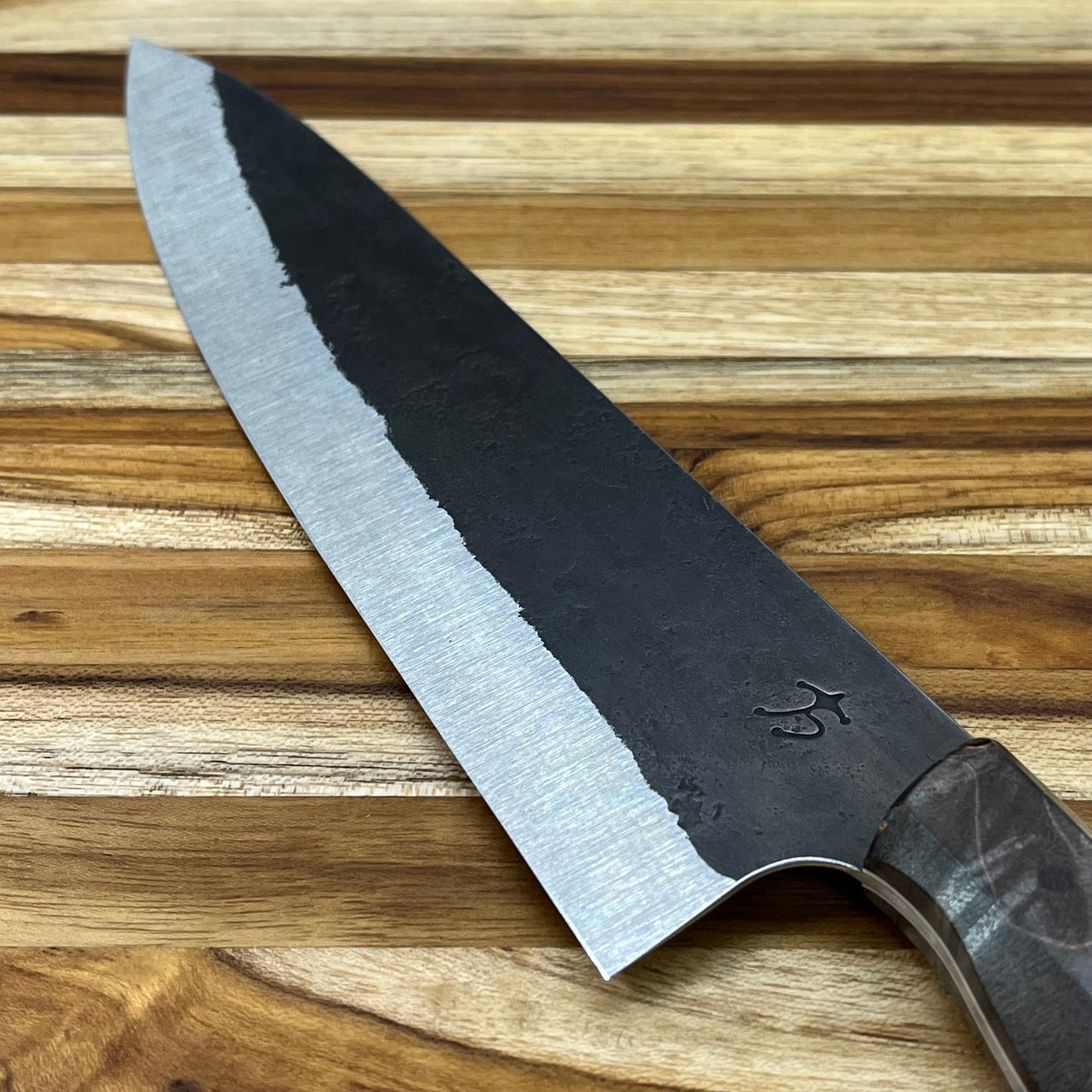 Running Man Forge Custom 215mm (8.5") Thin Forged Gyuto w/ Grey & Blue Maple Burl Handle