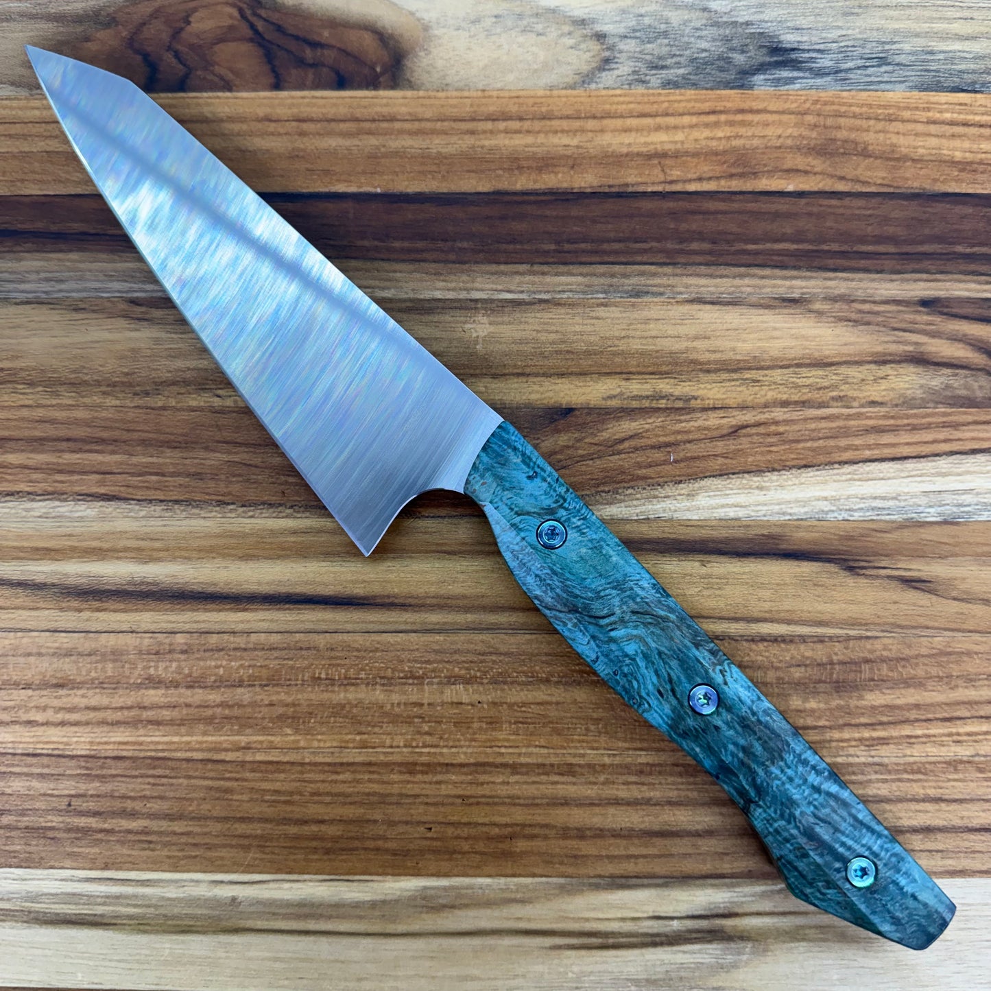 Meglio Blade Show Semi-Custom 5.25" Satin Petty w/ Turquoise Maple Burl Handle