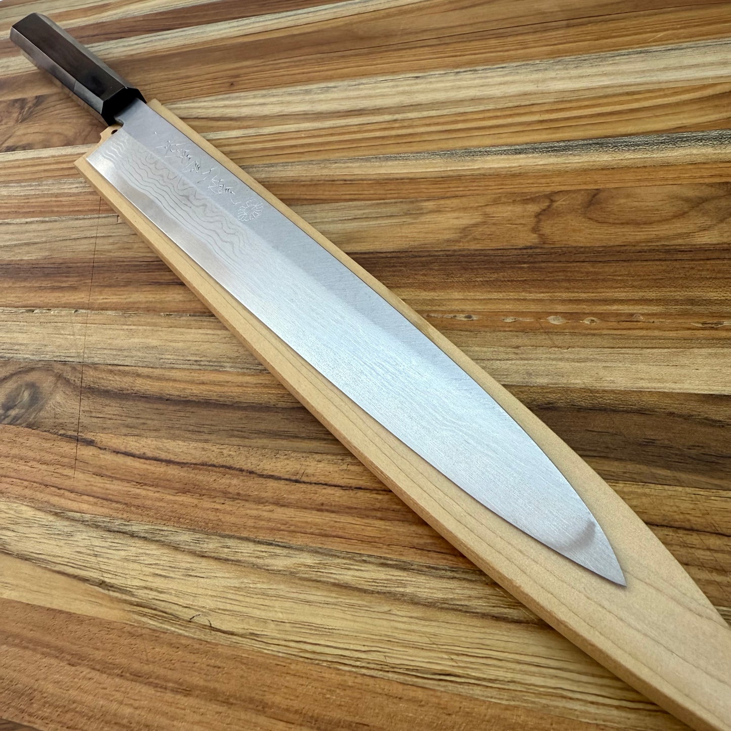 Kikuichi Kasumi Blue Damascus 270mm (10.5") Yanagi w/ Saya and Ebony Handle