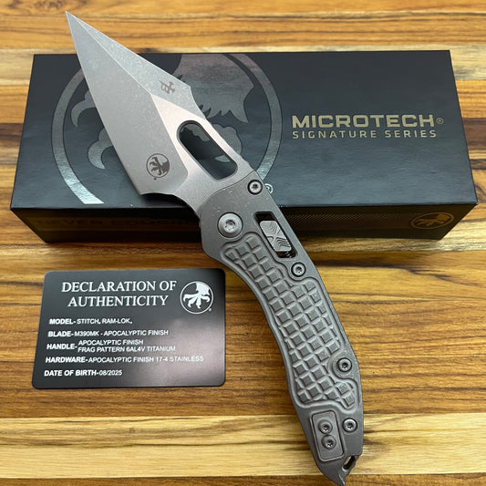 Microtech Marfione Select Stitch 3.5" Folding Knife w/ RAM-LOK & Frag Titanium Handle