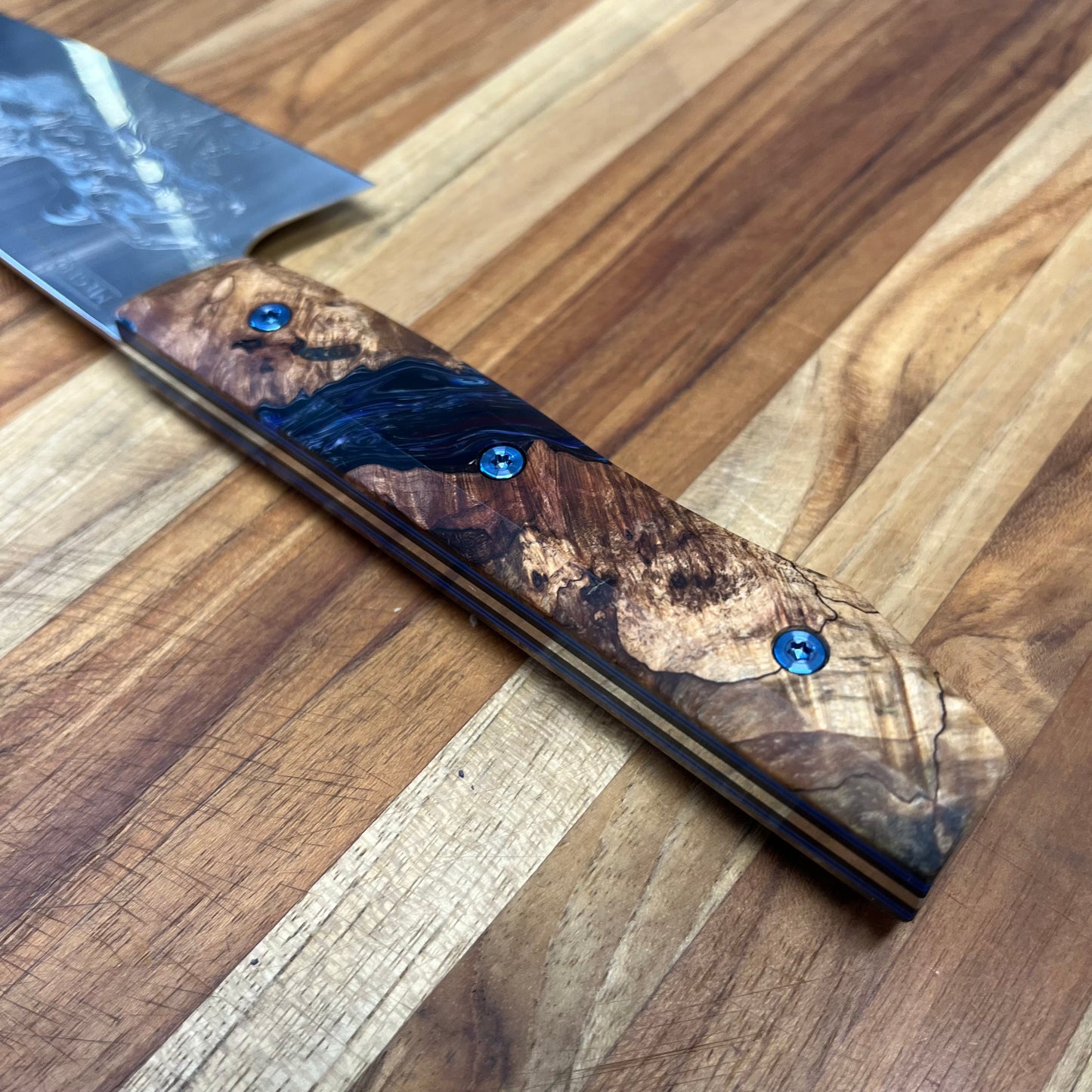 Meglio Semi-Custom 8" Satin Gyuto 2.0 w/ Lasered Calypso & Spalted Maple Burl Handle