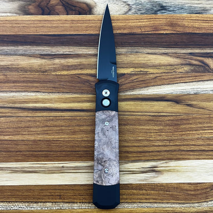 Pro-Tech Godfather 4" Auto w/ Black Aluminum Handle & Maple Burl Wood Inlay