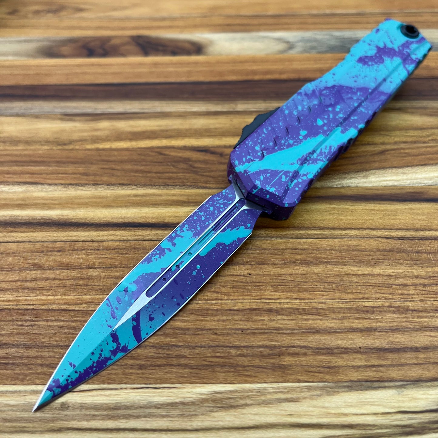 Microtech Signature Series Cypher II D/E 3.5" OTF w/ Baja/Purple Splatter Aluminum Handle