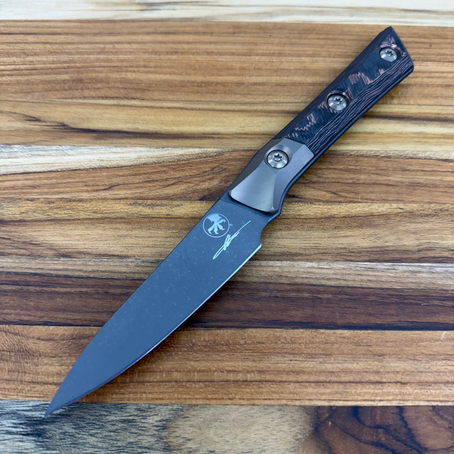 Microtech Signature Series Culinary 3.5" DLC Paring Knife w/ Bronze Titanium Bolster & Livewire Carbon Fiber Handle