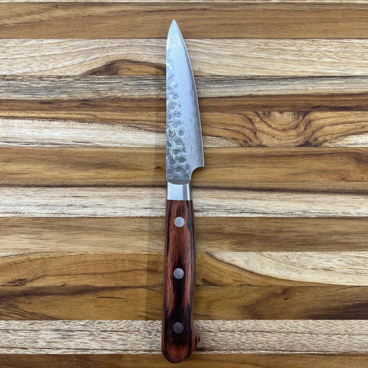 Kikuichi Warikomi Elite Damascus Tsuchime 80mm (3.25") Paring Knife w/ Mahogany Handles