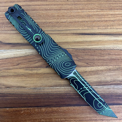 Microtech Signature Series UTX-85 Gen IV T/E 3" P/S OTF w/ Topographic Black/Green Camo Aluminum Handle