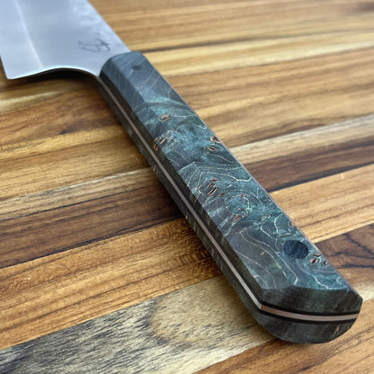 Running Man Forge Ready Series 200mm (8") Carbon Steel Chef's Knife w/ Turquoise Maple Burl Handle