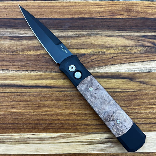 Pro-Tech Godfather 4" Auto w/ Black Aluminum Handle & Maple Burl Wood Inlay
