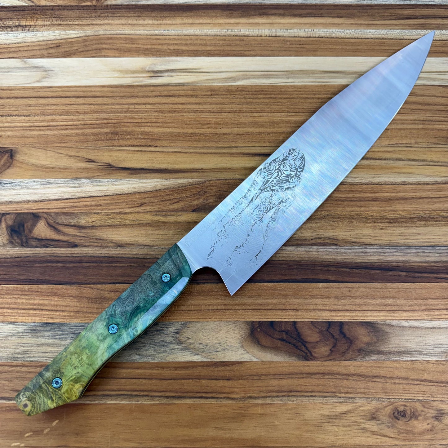 Meglio Blade Show Semi-Custom 10" Western Chef's Knife w/ Lasered Abstract Beauty & Green/Yellow Box Elder Handle