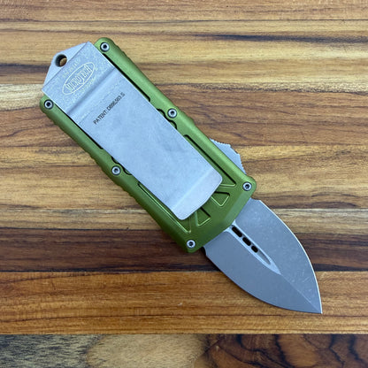 Microtech Exocet D/E 2" OTF w/ OD Green Aluminum Handle & Money Clip