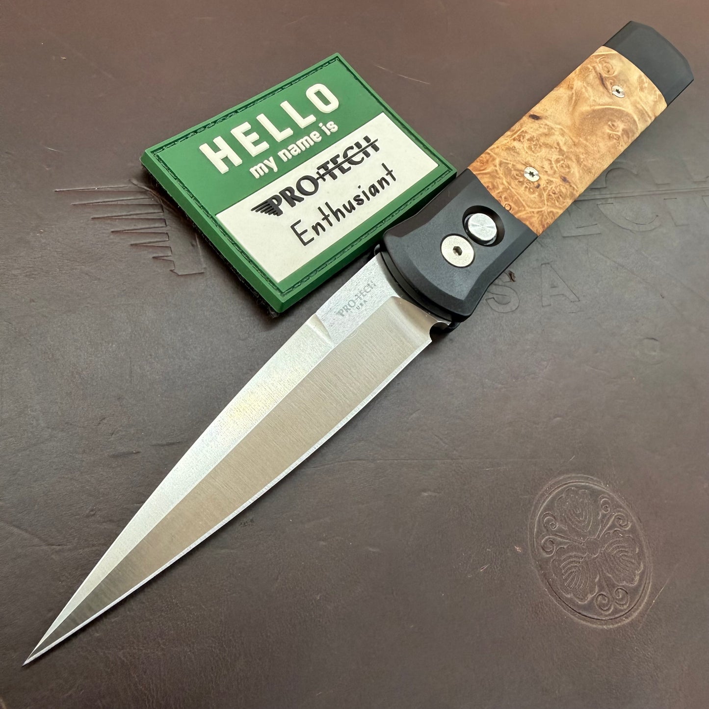 Pro-Tech Godfather 4" Satin Auto w/ Black Aluminum Handle & Maple Burl Wood Inlay