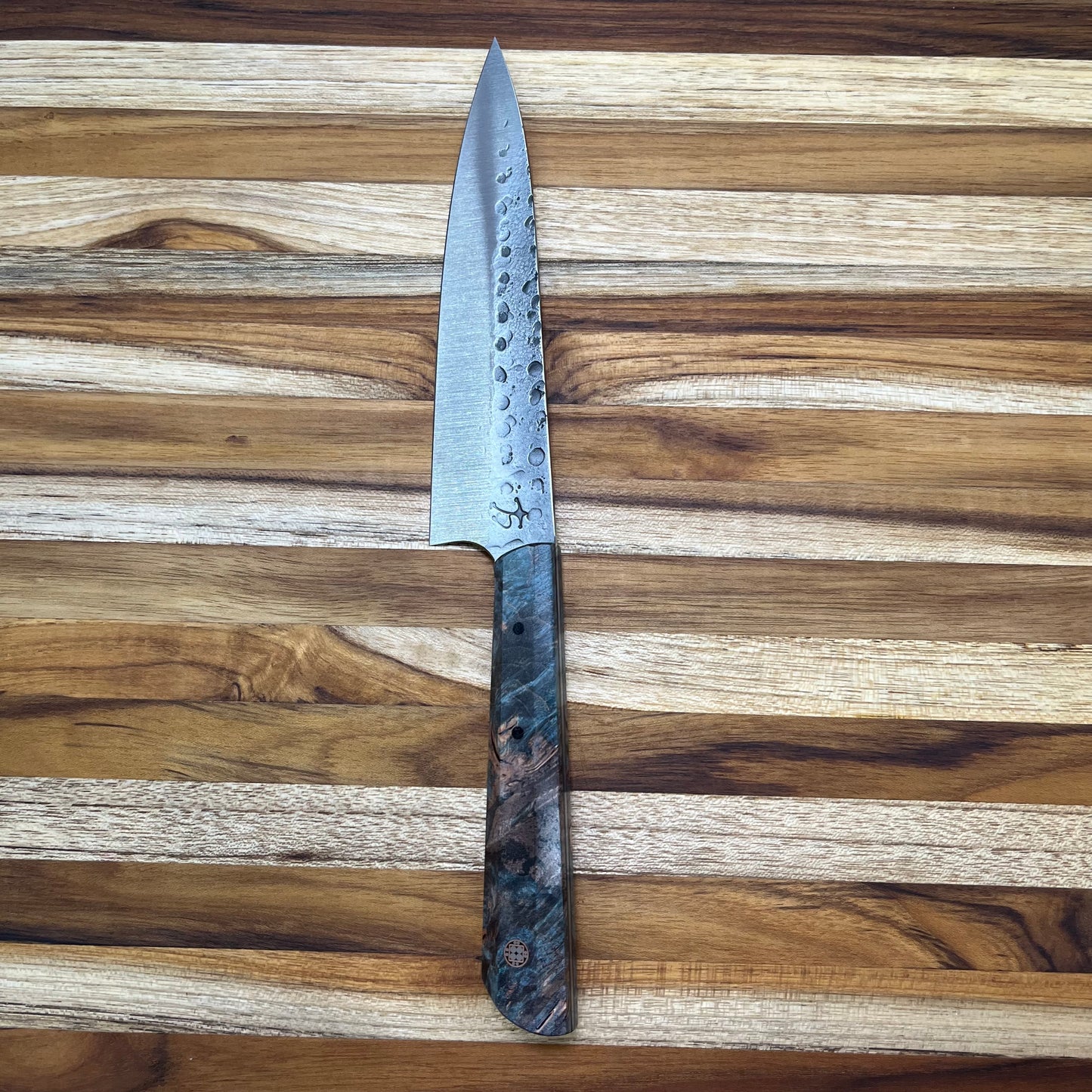 Running Man Forge Custom 150mm (6") Thin Forged Petty w/ Blue Maple Burl Handle & Rose Gold Mosaic Inlay