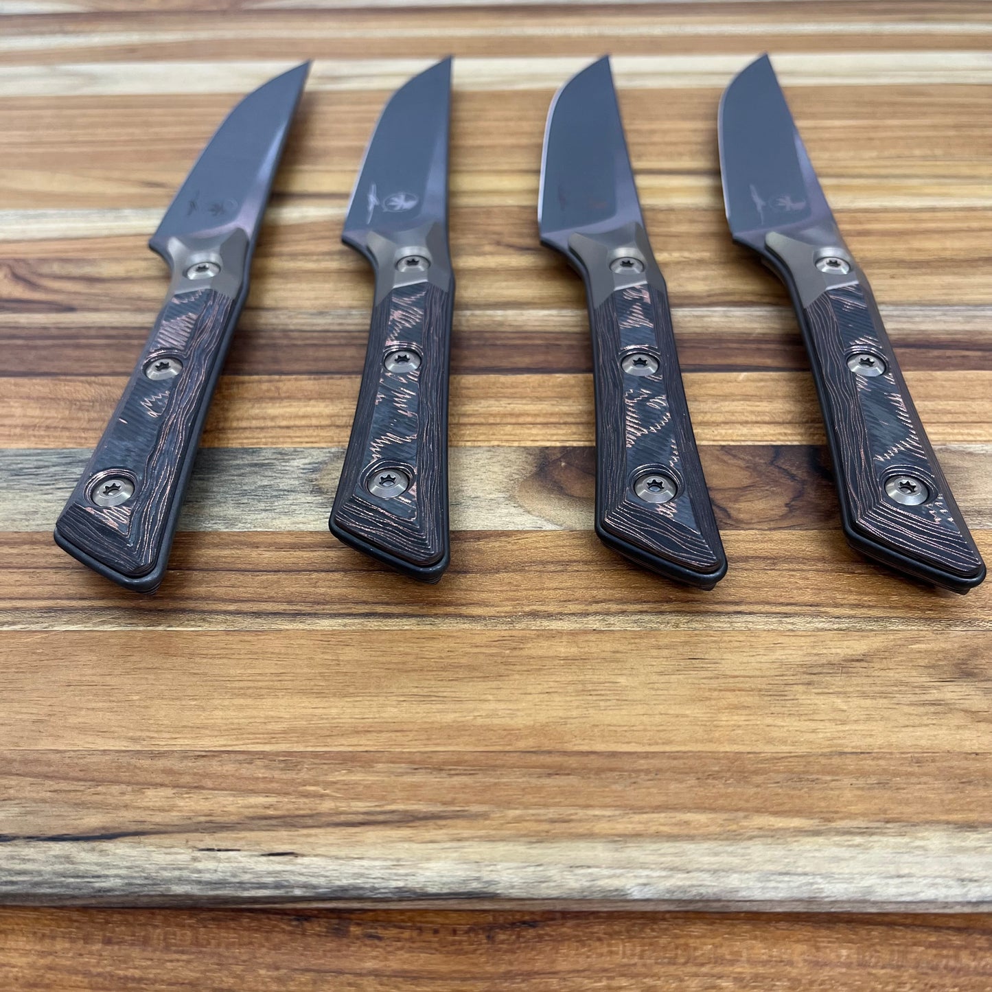 Microtech Signature Series Culinary 4pc DLC Steak Knife Set w/ Bronze Titanium Bolster & Livewire Carbon Fiber Handle