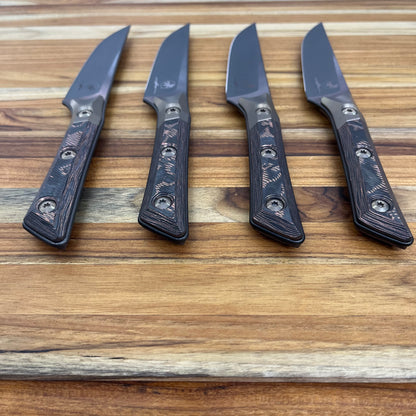 Microtech Signature Series Culinary 4pc DLC Steak Knife Set w/ Bronze Titanium Bolster & Livewire Carbon Fiber Handle