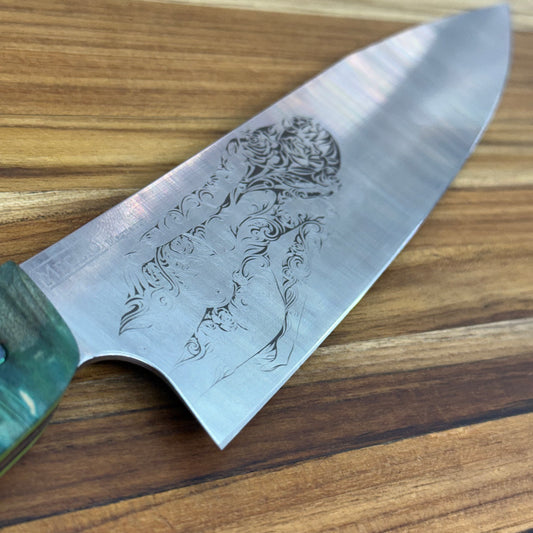 Meglio Blade Show Semi-Custom 10" Western Chef's Knife w/ Lasered Abstract Beauty & Green/Yellow Box Elder Handle