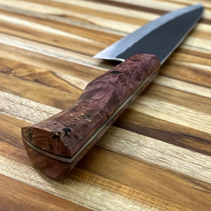 Running Man Forge Custom 215mm (8.5") Thin Forged Gyuto w/ Burgundy Maple Burl Handle