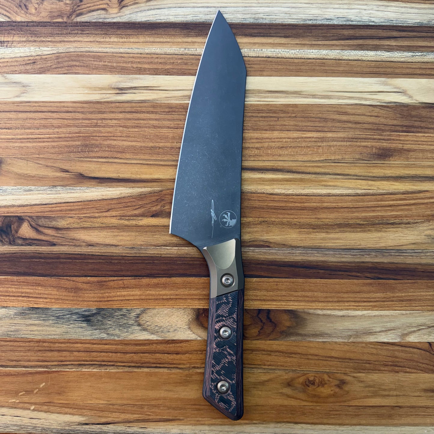 Microtech Signature Series Culinary 8" DLC Chef's Knife w/ Bronze Titanium Bolster & Livewire Carbon Fiber Handle