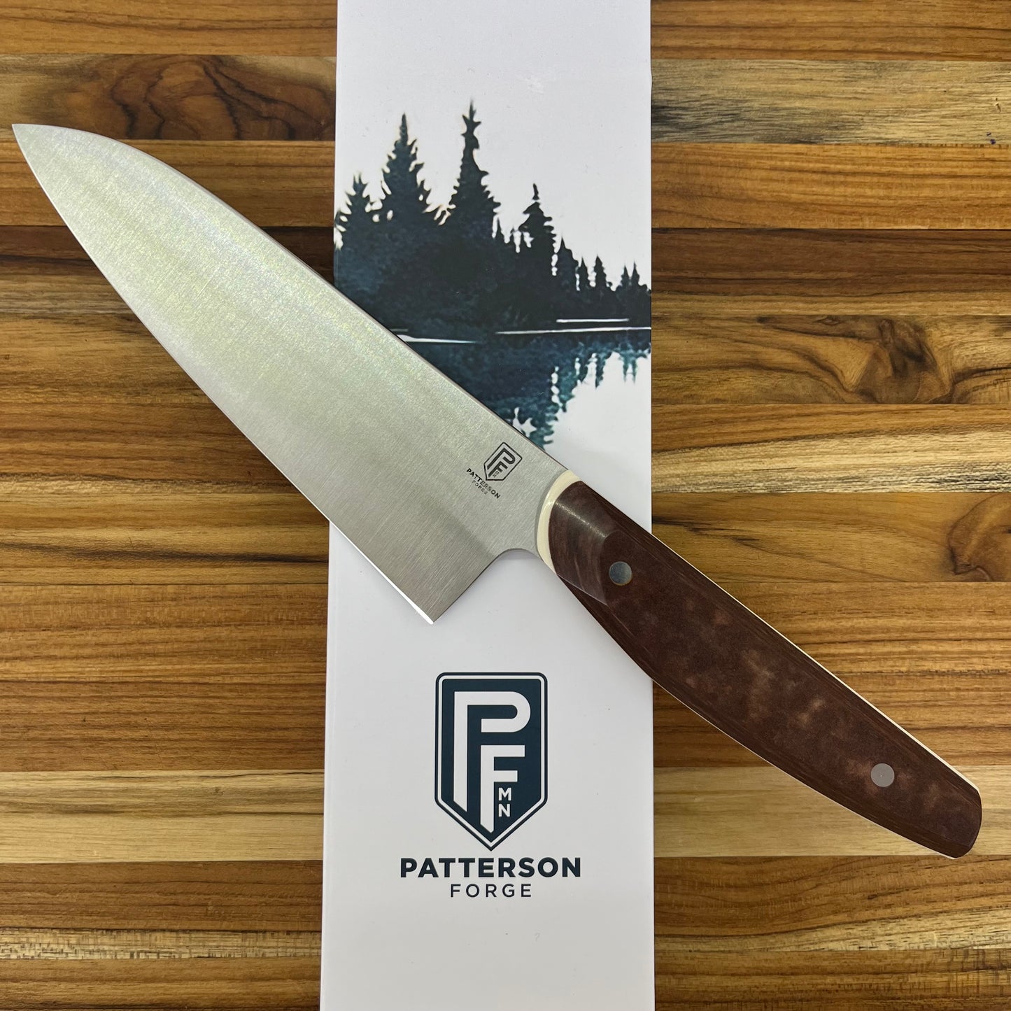 Patterson Forge Semi-Custom 165mm (6.5") Santoku w/ Vintage Brown Micarta Handle & White Linen Accent