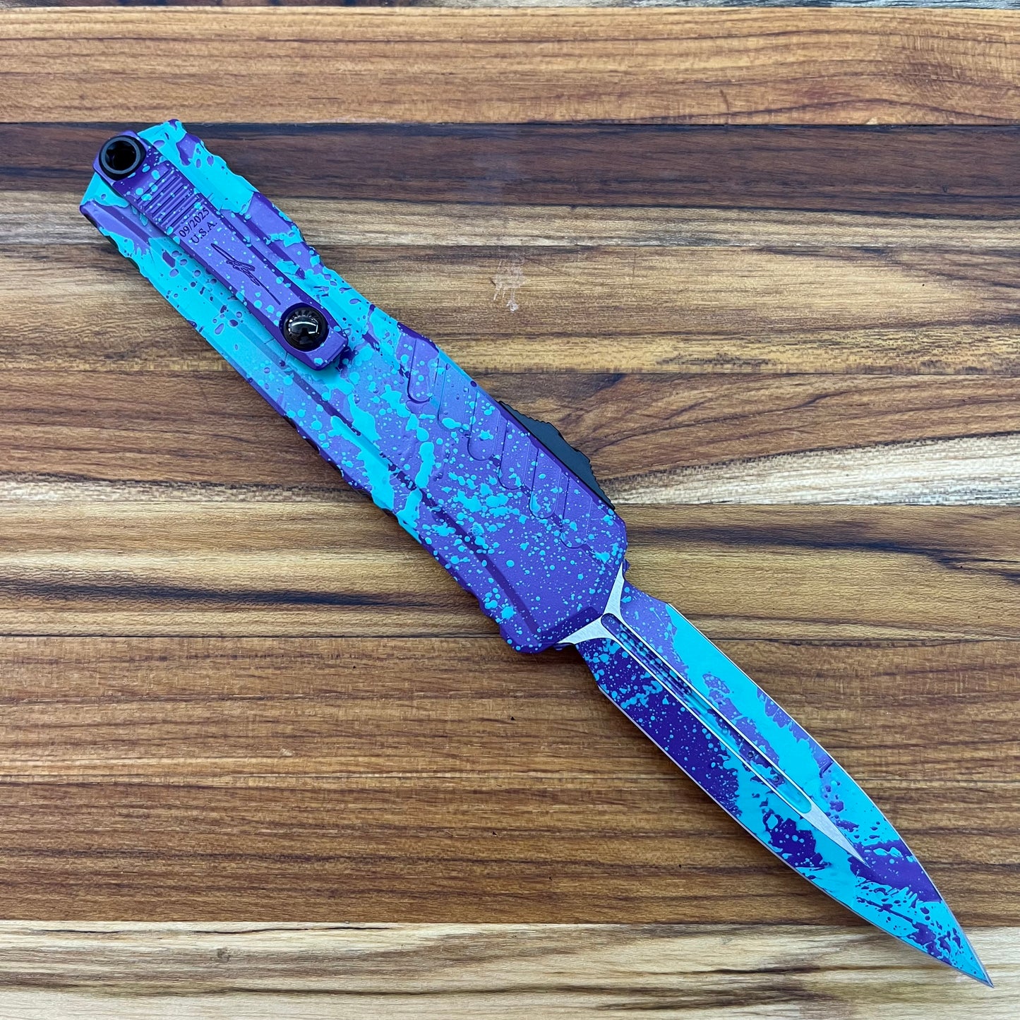 Microtech Signature Series Cypher II D/E 3.5" OTF w/ Baja/Purple Splatter Aluminum Handle