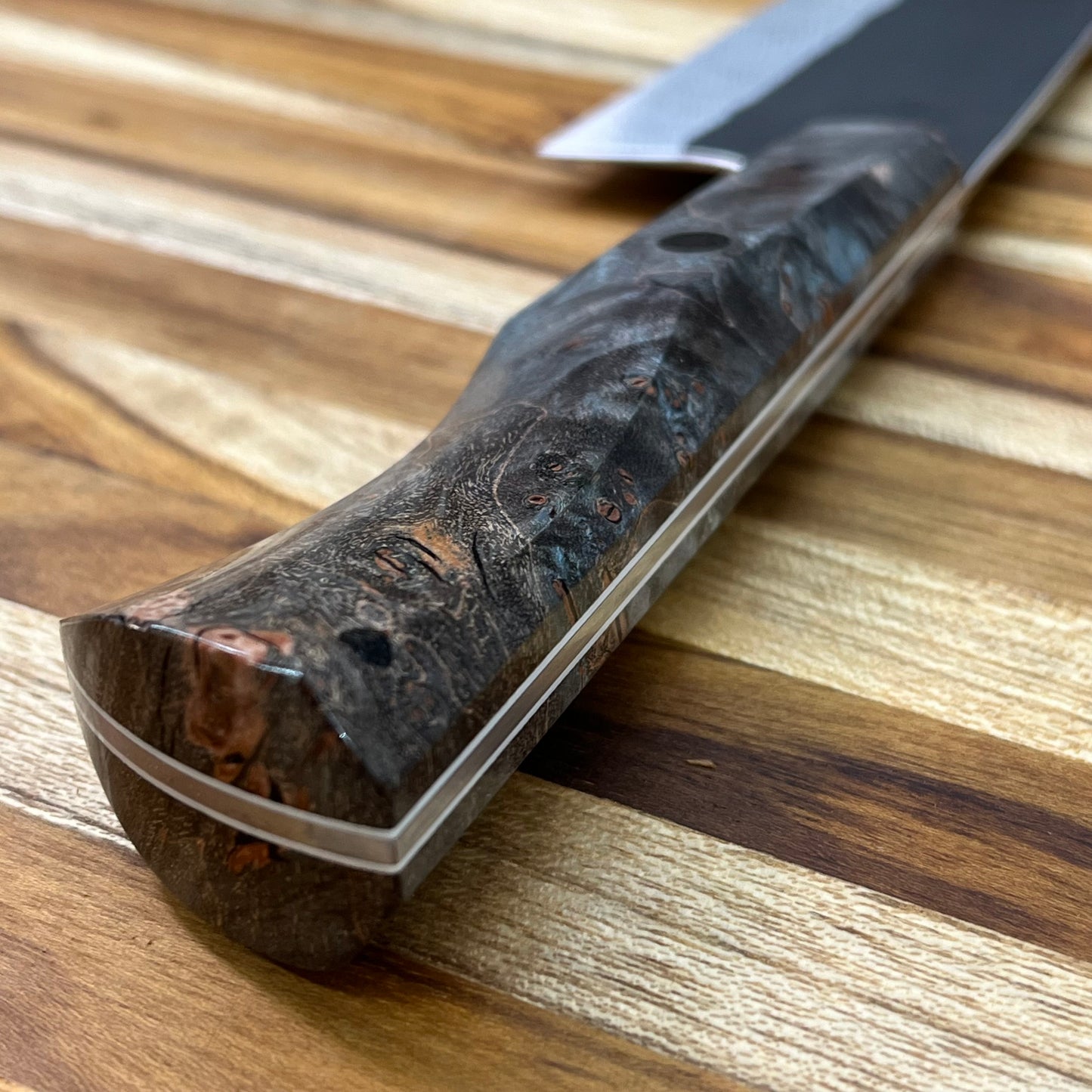 Running Man Forge Custom 215mm (8.5") Thin Forged Gyuto w/ Grey & Blue Maple Burl Handle